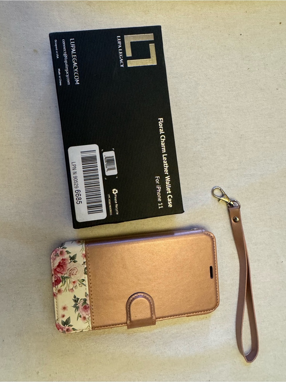 Lupa Legacy Rose Gold Floral Leather Wallet Case with Wrist Strap